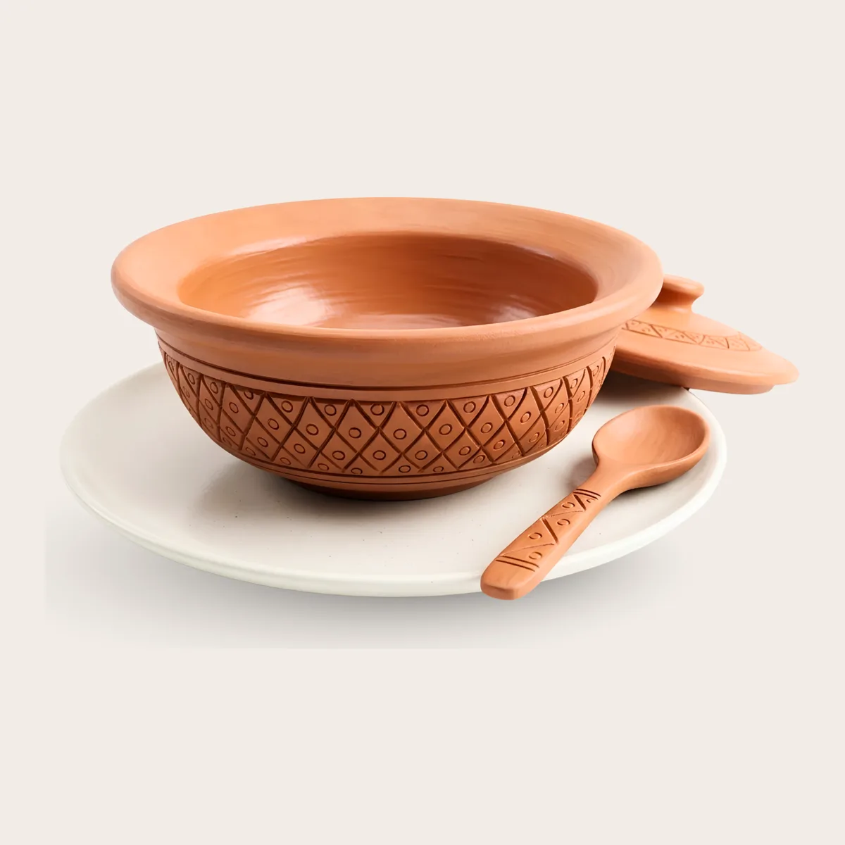 Clay Soup Bowl with Saucer & Spoon
